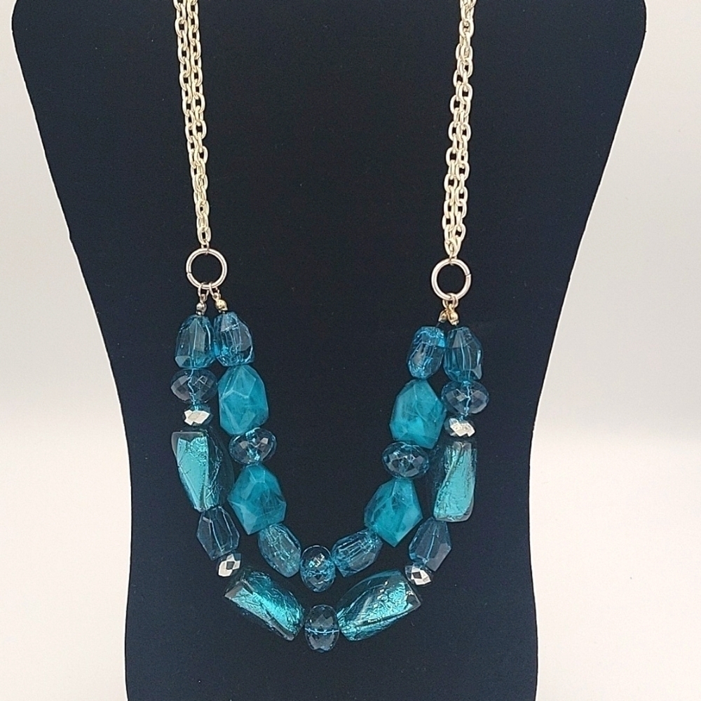 Vintage Two Stranded Beaded Statement Necklace Blue Large Chunky Beads